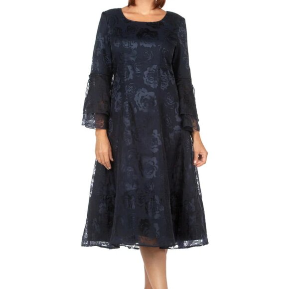 Giovanna Collection Navy Floral Church Dress With Bell Sleeve - Picture 1 of 8
